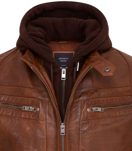 Mens Air Force Hooded Bomber Aviator Real Leather Flight Bomber Jacket - Tan
