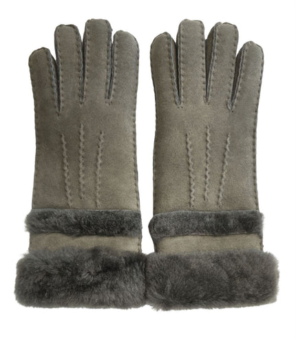 Infinity Leather Womens Grey Sheepskin Suede Gloves with Roll Up/Down Cuff