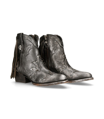 New Rock Grey Leather Fringed Pointed Cowboy Boots - WSTM003-S1