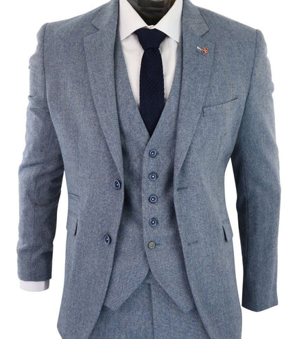 Mens 3 Piece Light Blue Tweed Tailored Fit Retro Classic Suit