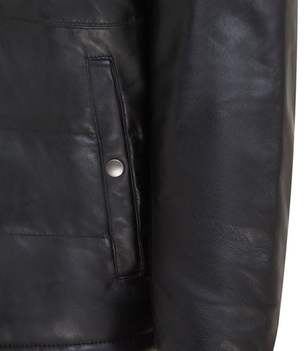 Men's Lamb Leather Puffer Bomber Warm Biker Jacket - Black