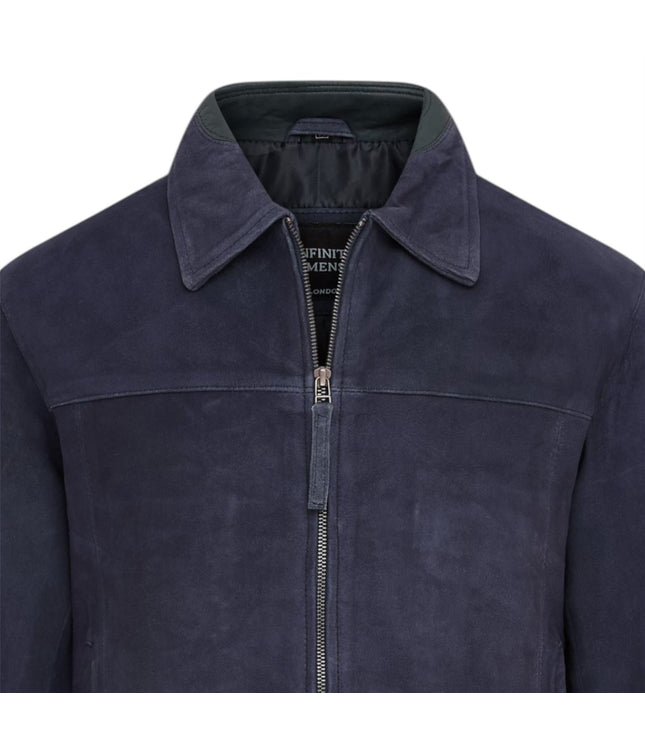 Mens Retro Brown 100% Goat Suede Leather Harington Biker Jacket - Navy