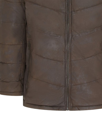 Men's Brown Leather Quilted Jacket Hooded Puffer Winter Coat - Olyic
