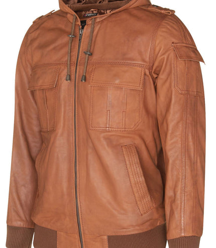 Mens Tan Leather Hooded Bomber Jacket - Tirana
