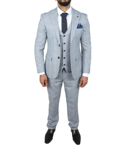 Men's Blue Checked 3 Piece Suit Tailored Fit Suit Formal Wedding