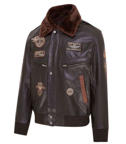 Mens Leather Bomber Jacket Air Force Badge Pilot Flying US Aviator Jacket - Brown