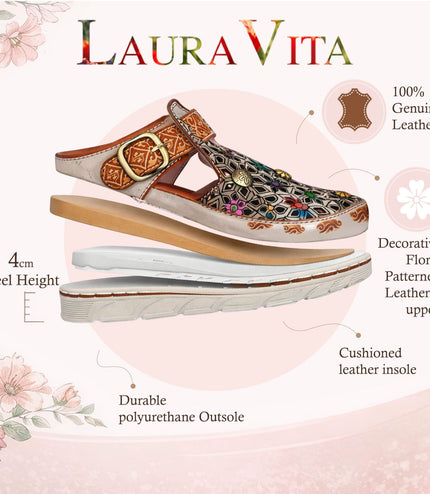 Laura Vita Women's Dorry 01 Floral Beige Leather Wedge Slipper Sandals