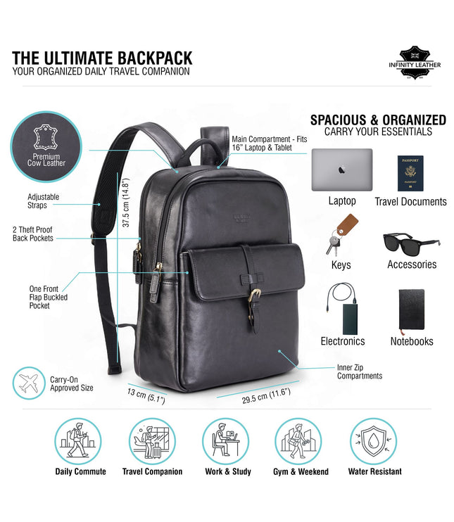 Genuine Leather Black Vintage Laptop Backpack Travel Bag - Cove