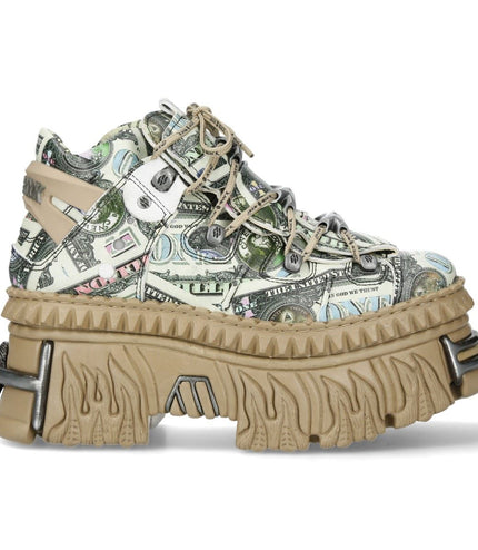 New Rock M-106Wall-C49 Dollar Bill Print Leather Platform Ankle Boots