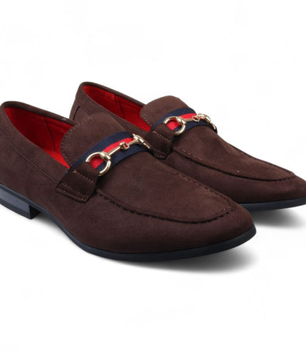 Men's Brown Suede Loafers with Gold Buckle Slip-On Dress Shoes