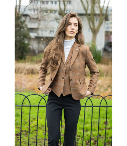 Women's Oak Brown 2 Piece Set Tweed Blazer Waistcoat in Herringbone Check