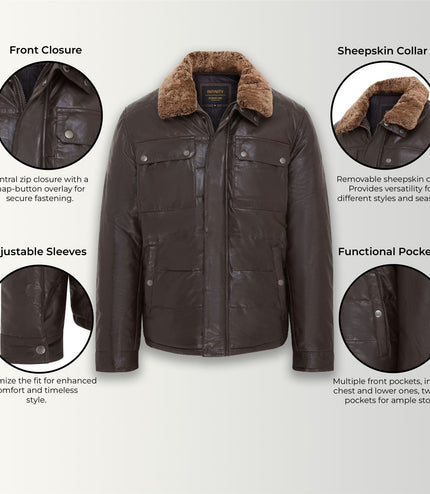 Men's Lamb Leather Puffer Bomber Warm Biker Jacket - Brown
