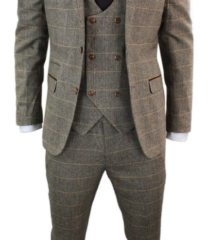 Mens 3 Piece Tan Herringbone Tweed Check Suit