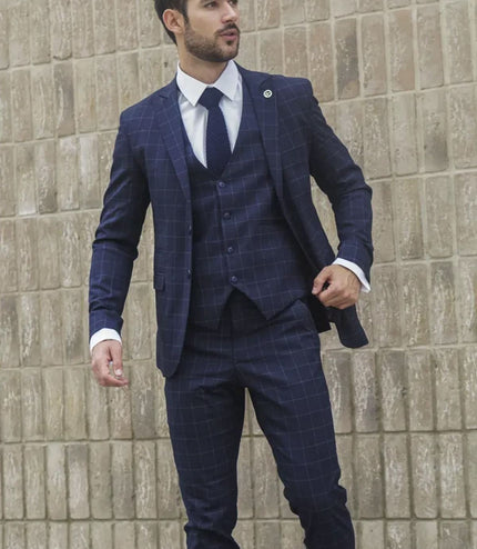 Men's Navy Checked 3 Piece Suit Tailored Fit