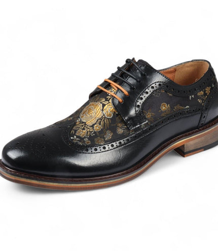 Justin Reess Men's Black Leather Floral Print Brogue Dress Shoes - Ross
