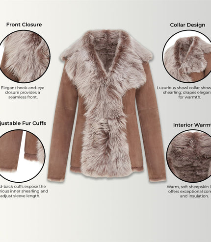 Women's Taupe Sheepskin Toscana Shearling Suede Leather Jacket - Noir