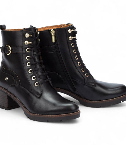 Pikolinos Women's Black Leather Mid-Heel Combat Ankle Boots - Llanes