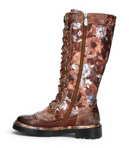 Laura Vita Women's Maroon Gothic Victorian Floral Maroon Leather Knee-High Lace-Up Boots - Incaso-50
