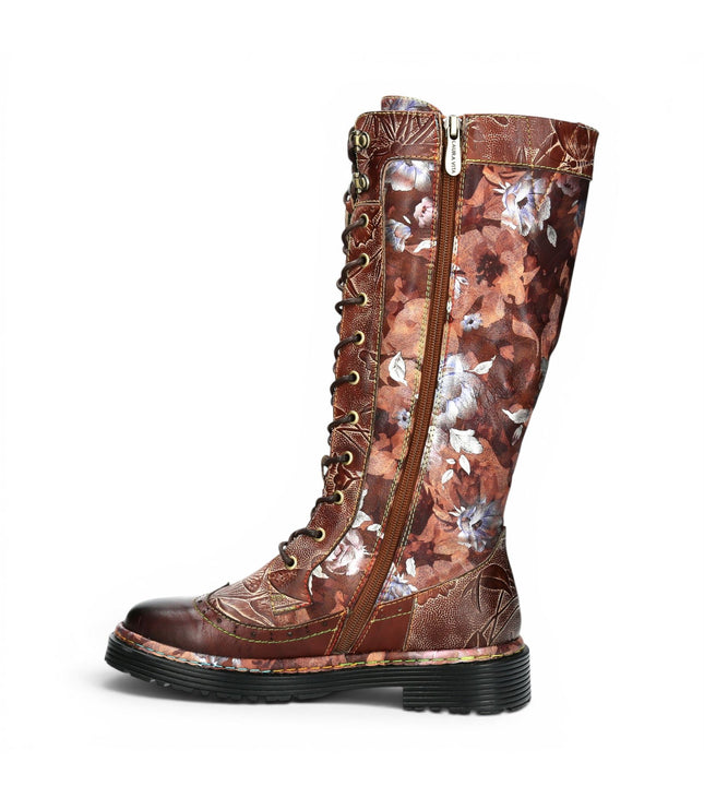 Laura Vita Women's Maroon Gothic Victorian Floral Maroon Leather Knee-High Lace-Up Boots - Incaso-50