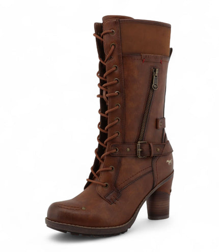 Mustang Women's Brown Mid-Calf Lace Up Heeled Combat Boots