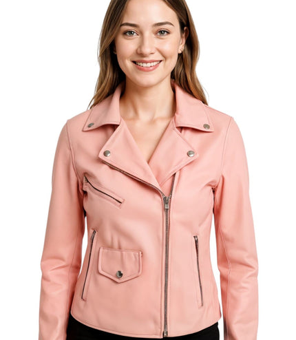 Women's Classic Brando Biker Leather Jacket - Broome - Baby Pink
