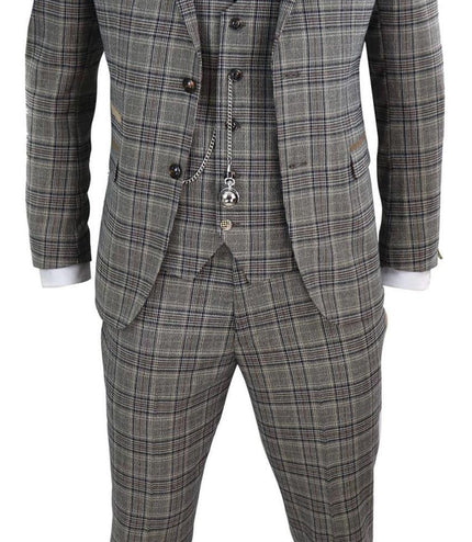 Mens 3 Piece Tan Brown Herringbone Check Suit
