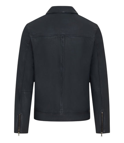 Mens Leather Blue Harrington Collar Biker Jacket - Alpha