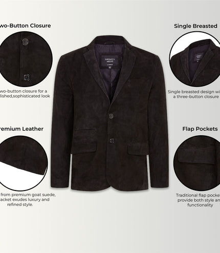 Mens Suede Blazer Jacket Soft Real Italian Leather Fitted Vintage Coat - Black