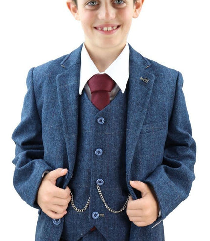 Boys 3 Piece Blue  Herringbone Tweed Check Classic  Suit