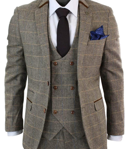 Mens 3 Piece Tan Herringbone Tweed Check Suit
