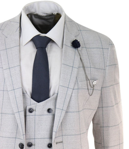 Mens 3 Piece Light Grey Check Tweed Vintage Retro Classic Suit