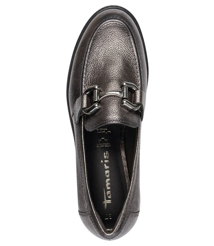 Tamaris Womens Pewter Silver Leather Loafers Slip-On Platform Shoes