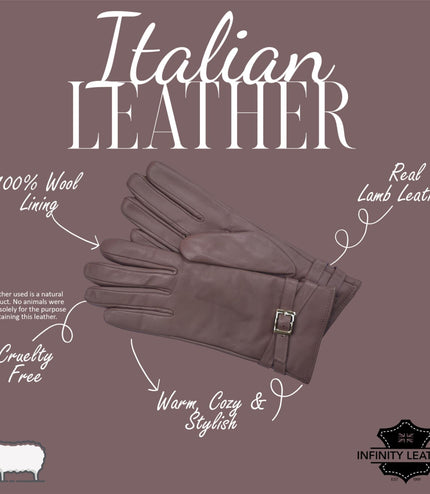 Womens Nude Beige Italian Leather Winter Buckle Soft Wool Lining Gloves - L-GLV-601