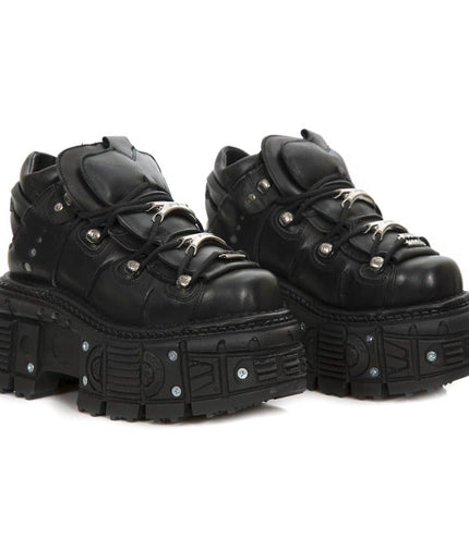New Rock Unisex Metallic Black Leather Gothic Boots- M-Tank106-C2