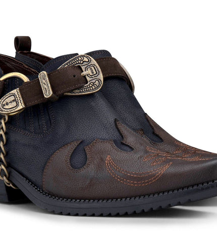 Men's Navy/Brown Leather Metal Chain Winklepicker Cowboy Boots