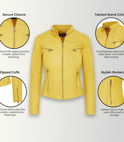 Womens Slim-Fit Leather Biker Jacket-Maldon - Yellow