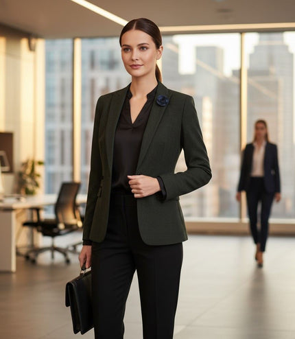 Women's Green Check Wool Blend Herringbone Tweed Tailored Blazer - Caridi