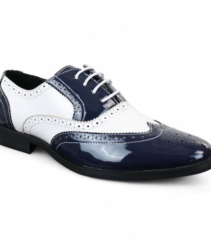 Men's Patent Lace-Up Navy White Brogues Smart Dress Shoes