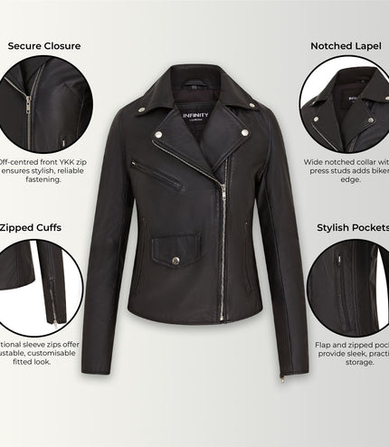 Women's Classic Brando Biker Leather Jacket - Broome - Black