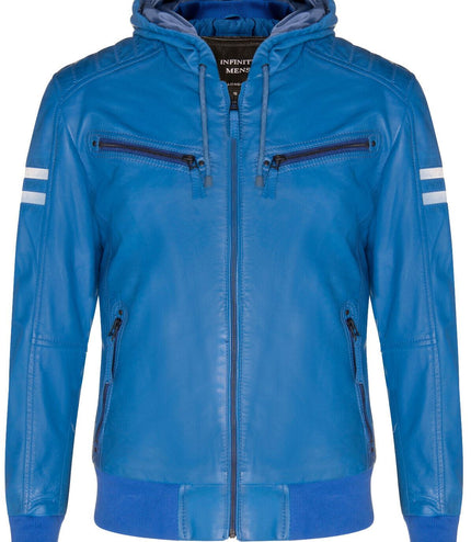 Mens Leather Hooded Retro Bomber Jacket - Skopje - Blue