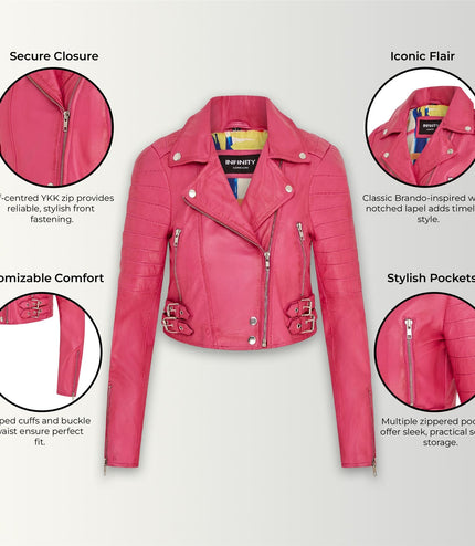 Womens Cropped Brando Leather Biker Jacket-Damascus - Fuschia