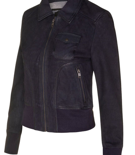 Womens Leather MA-1 Varsity Jacket-Ann Arbor - Navy