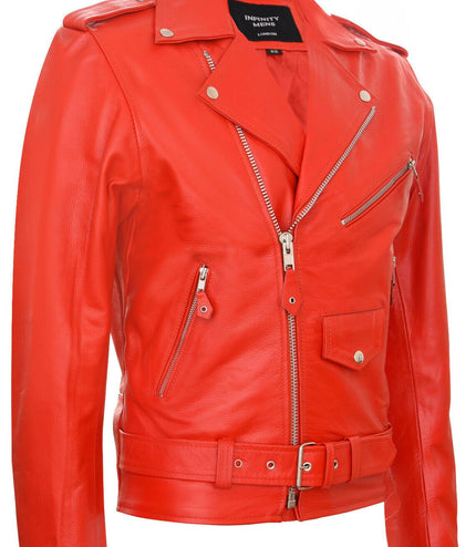 Mens Cow-Hide Black Brando Jacket -Venice - Red