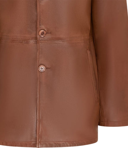 Men's Tan Leather Long Collared Car Coat Jacket - Berry