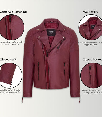 Mens Slim Fit Brando Style Double Cross Zip 100% Leather Biker Jacket - Burgundy