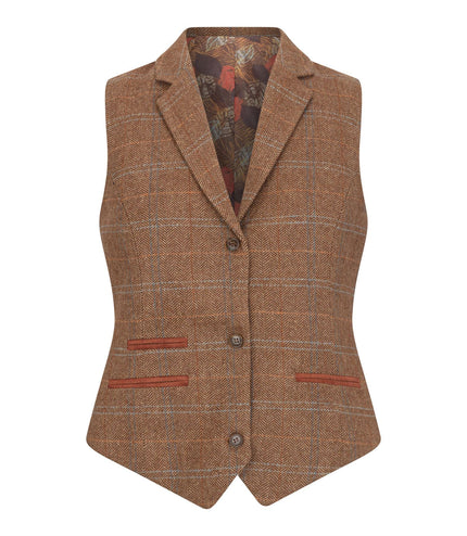 Women's Oak Brown 2 Piece Set Tweed Blazer Waistcoat in Herringbone Check