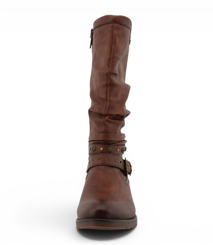 Womens Cognac Brown Faux Leather Mid-Calf Slouch Riding Boots - M0052003