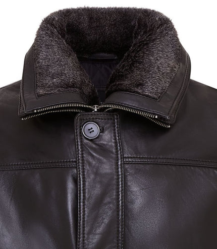 Mens Leather Jacket Classic Trench Coat with Removable Collar Mid Length Warm Overcoat - Black