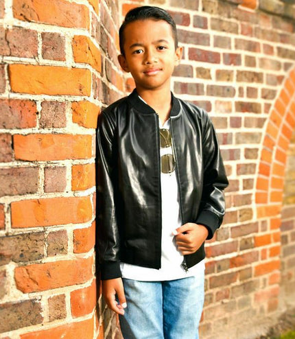 Kids Unisex Varsity Baseball Leather Bomber Black Jacket