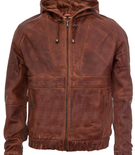 Men's Casual Leather Hooded Bomber Jacket-Odesa - Tan